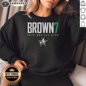 Alt Text: Jaylen Brown wearing a Boston Celtics 2026 NBA All-Star elite sweatshirt, showcasing team pride and style.