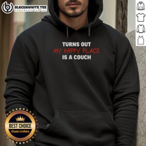 Cozy couch with a hoodie draped over it, illustrating the theme 'My Happy Place Is A Couch Hoodie'.