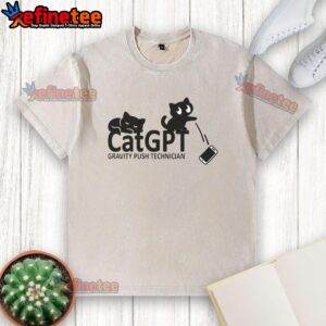 CatGPT Gravity Push Technician washed t-shirt featuring a playful cat graphic, perfect for tech and cat lovers.