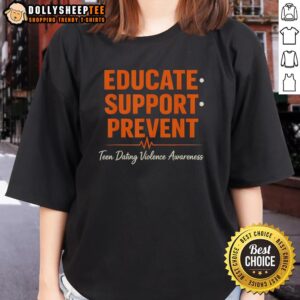 Good Educate Support Prevent Teen Dating Violence Awareness tee featuring a heartbeat design for raising awareness.