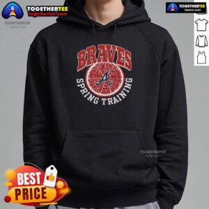 Good Atlanta Braves Spring Training Grapefruit Hoodie displayed on a hanger with a vibrant design and team logo.