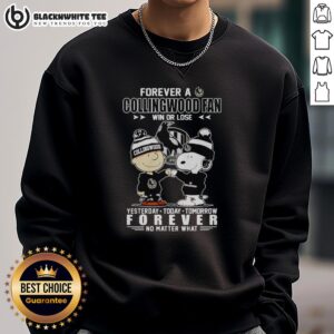 Alt Text: Snoopy and Charlie Brown sweatshirt for Collingwood FC fans, showcasing 'Win or Lose, No Matter What' slogan.