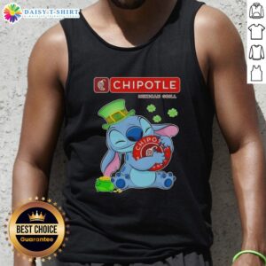 Cute Stitch hugging the Chipotle Mexican Grill logo on a Happy St. Patrick's Day tank top design. Perfect for celebrations!