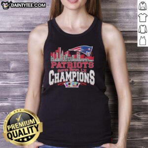 New England Patriots championship tank top featuring city skyline and player names, perfect for Super Bowl fans.