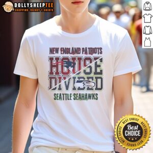 Official New England Patriots Vs Seattle Seahawks house divided T-shirt featuring team logos and vibrant colors.