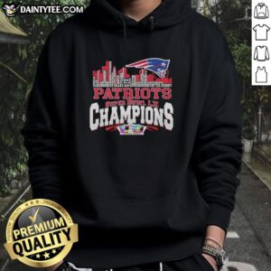 New England Patriots Super Bowl champions hoodie featuring city skyline and team names in stylish design.