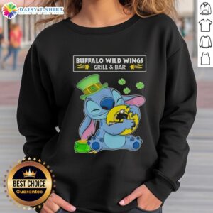 Alt Text: Cute Stitch hugging Buffalo Wild Wings Grill and Bar logo on a Happy St. Patrick's Day sweatshirt design.