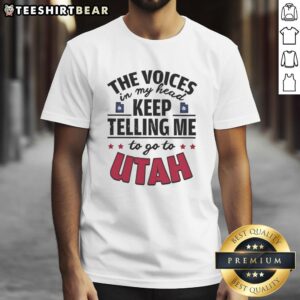 Funny 'The Voices In My Head Keep Telling Me To Go To Utah' T-shirt design featuring playful typography and colorful graphics.