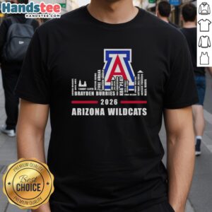 Top 2026 Arizona Wildcats logo T-shirt featuring city skyline and player names, perfect for fans and collectors.