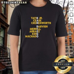 Alt Text: 2025 San Diego baseball ladies tee featuring popular top San Diego names in a stylish design.