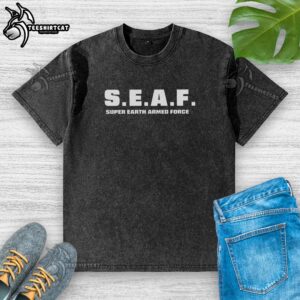 Original Sea Super Earth Armed Forces Logo Washed T-Shirt featuring a vintage design and comfortable fit.