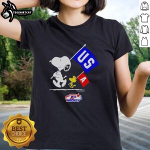 Premium Snoopy and Woodstock World Champions 2026 USA Hockey Olympic Milano Cortina Italia ladies tee design.