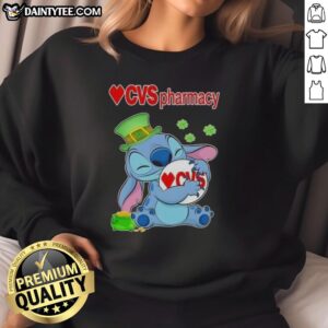 Alt Text: Pretty stitch St. Patrick's Day sweatshirt featuring CVS Pharmacy logo, perfect for festive celebrations.