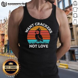 Hot cockatiel shadow on retro tank top, playful design 'Want Crackers Not Love' with sunset colors.