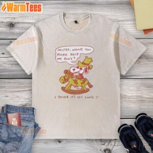 Alt Text: Cute Snoopy graphic on a washed t-shirt, featuring the phrase 'Mister, would you please help my pony?'