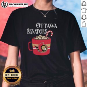 Official Ottawa Senators hockey team mug and candy cane ladies tee showcasing team spirit and style for fans.