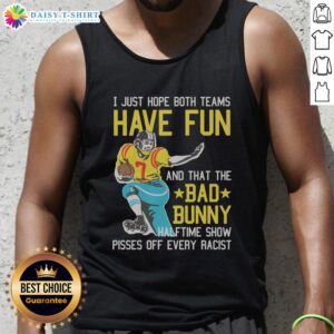 Halftime show featuring Bad Bunny, with fans in tank tops, capturing the spirit of fun and unity in sports.