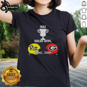 1982 Sugar Bowl Pitt vs Georgia helmets trophy graphic on a ladies tee, perfect for fans of college football memorabilia.
