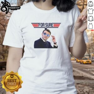 Emmanuel Macron graphic on a stylish Top Gun logo ladies tee, perfect for fans of fashion and aviation culture.