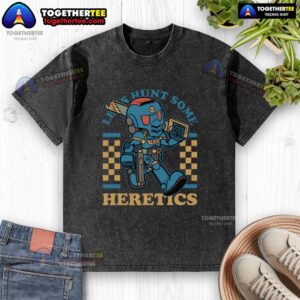 Official Warhammer Space Marine Game mascot on a washed T-shirt, showcasing RPG Marine ready to hunt some heretics.