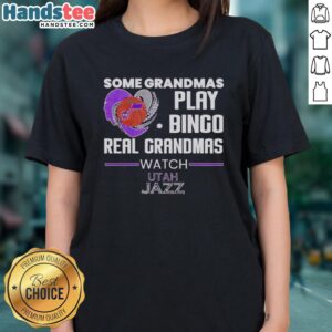 Premium tee featuring grandmas playing bingo while watching Utah Jazz, perfect for basketball fans and bingo lovers.