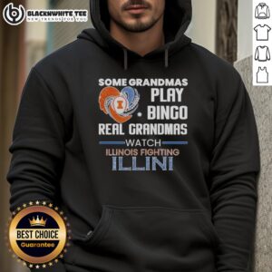 Grandmas enjoying bingo while wearing Illinois Fighting Illini hoodies, showcasing fun and team spirit.