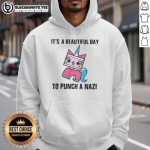 Premium Unikitty hoodie featuring 'It's a beautiful day to punch a Nazi' design, perfect for bold fashion statements.