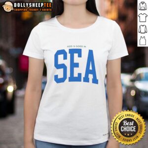 Seattle Seahawks Super Bowl LX Champions ladies tee featuring 'God Is Good' design, perfect for fans and celebrations.