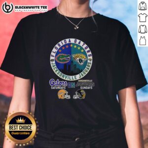 Hot Florida Gator and Jacksonville Jaguars logo mashup on a ladies tee, perfect for game day fashion.
