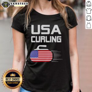 Alt Text: Awesome USA Curling American Flag Stone Ladies Tee featuring a stylish design for curling enthusiasts.