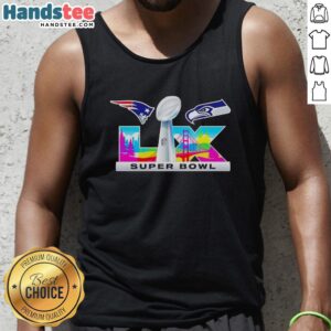 Alt Text: Nice New England Patriots vs Seattle Seahawks Super Bowl LIX logo tank top featuring vibrant team colors and design.