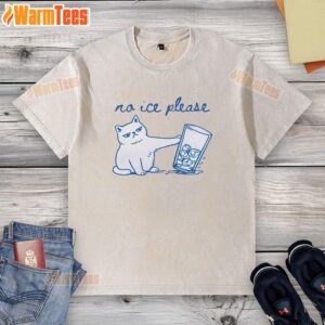 Alt Text: Cute cat design on an official 'No ICE Please' washed t-shirt, perfect for animal lovers and casual wear.