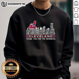 Alt Text: Stylish Cleveland Guardians sweatshirt featuring skyline design and Thank You For The Memories text, perfect for fans.