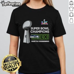 Official Seattle Seahawks Super Bowl LX Champions trophy ladies tee featuring team colors and logo.