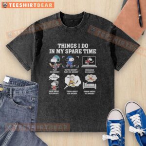Casual Snoopy ice hockey washed t-shirt showcasing fun spare time activities with a charming graphic design.
