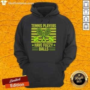 Funny tennis player wearing a fuzzy balls hoodie, showcasing a playful and humorous style on the court.