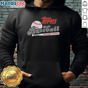 Premium Topps baseball picture cards design on a retro raglan hoodie, perfect for baseball fans and collectors.