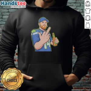 Alt Text: Cartoon of Sam Darnold giving the middle finger on a hoodie, featuring a colorful and playful design.