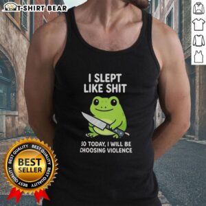 Nice grumpy tired frog choosing violence tank top design, featuring a whimsical frog illustration with humorous text.