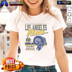 Alt Text: Stylish 'Good Los Angeles Rams Spirit Script' ladies tee featuring team colors, perfect for game day and fans.