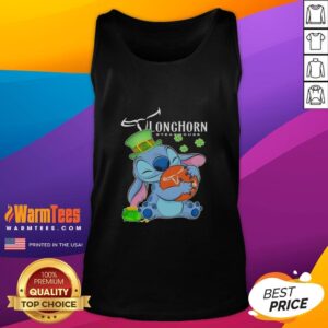 Alt Text: Cute Stitch hugging the Texas Longhorn Steakhouse logo on a Happy St. Patrick's Day tank top design.