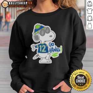 Alt Text: Premium Snoopy in Seattle Seahawks outfit, wearing a Go Hawks sweatshirt, perfect for fans and collectors.