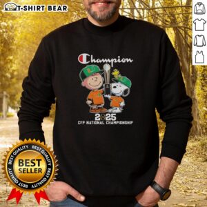 Awesome Charlie Brown and Snoopy 2025 CFP National Championship sweatshirt featuring Miami Hurricanes colors and design.