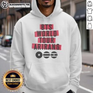Stylish Pretty BTS World Tour Arirang 2026 hoodie displayed on a hanger, showcasing vibrant colors and unique design.
