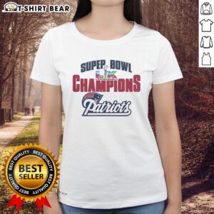 New England Patriots Ladies Tee celebrating Official Super Bowl LX Champions with team colors and logo.
