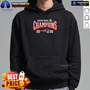 New England Patriots Super Bowl LX Champions 2026 logo hoodie featuring bold team colors and design.