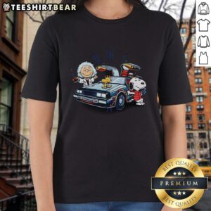 Top Snoopy Woodstock Brown To The Future Delorean Mashup Ladies Tee featuring iconic cartoon characters in a retro design.