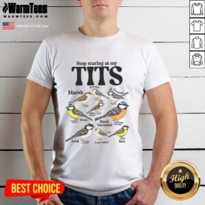 Premium Stop Staring At My Tits Sparrow Species Meme T-Shirt featuring a humorous graphic and vibrant colors.