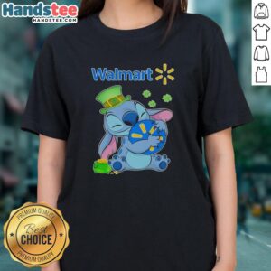Premium Stitch St. Patrick's Day Hug Walmart Logo Ladies Tee in green, perfect for festive celebrations.