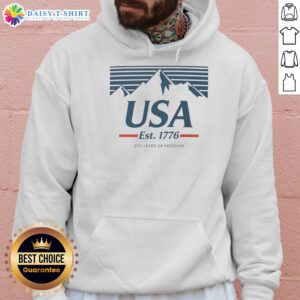 Hot USA Mountains 250 Years of Freedom hoodie showcasing a scenic mountain backdrop and patriotic design.
